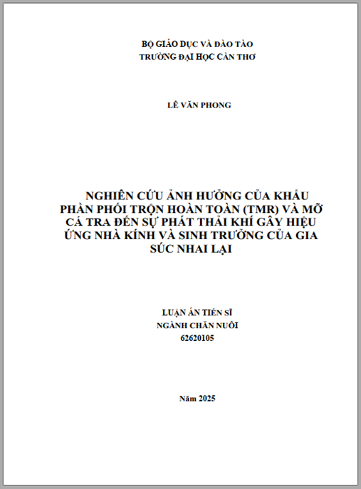Luận án Ảnh hưởng của khẩu phần phối trộn hoàn toàn (TMR) và mỡ cá Tra đến sự phát thải khí gây hiệu ứng nhà kính và sinh trưởng của gia súc nhai lại