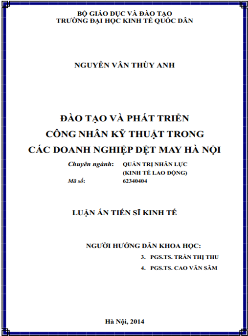 Luận án Đào tạo và phát triển công nhân kỹ thuật trong các doanh nghiệp dệt may Hà Nội