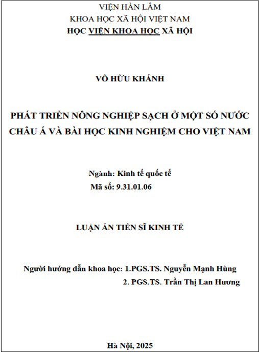 Luận án Phát triển nông nghiệp sạch ở một số nước châu Á và bài học kinh nghiệm cho Việt Nam