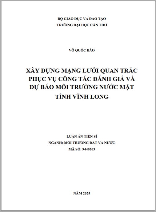 Luận án Xây dựng mạng lưới quan trắc phục vụ công tác đánh giá và dự báo môi trường nước mặt tỉnh Vĩnh Long
