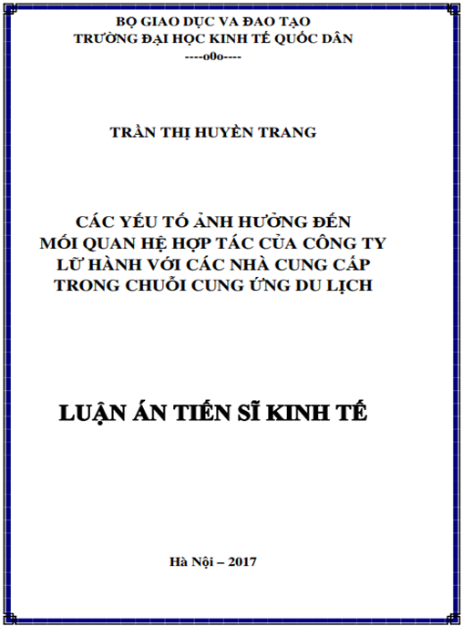 Luận án Các yếu tố ảnh hưởng đến mối quan hệ hợp tác của công ty lữ hành với các nhà cung cấp trong chuỗi cung ứng du lịch
