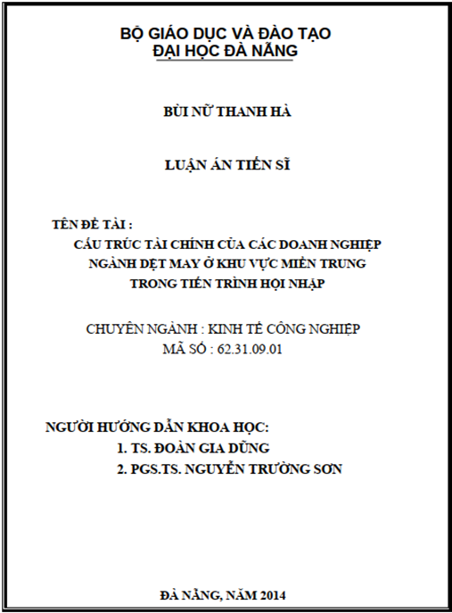 Luận án Cấu trúc tài chính của các doanh nghiệp ngành dệt may ở khu vực miền trung trong tiến trình hội nhập