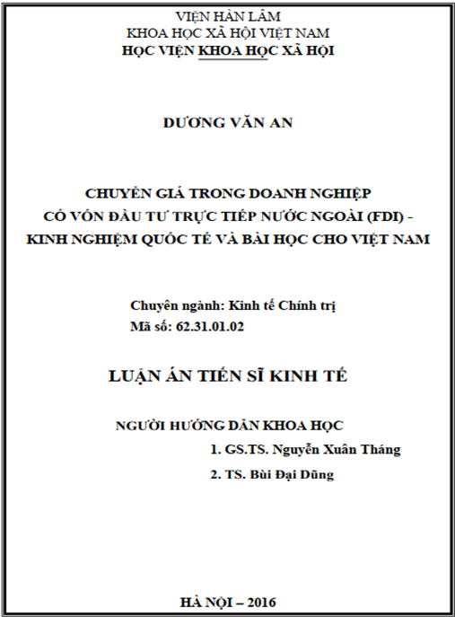 Luận án Chuyển giá trong doanh nghiệp có vốn đầu tư trực tiếp nước ngoài (FDI) – Kinh nghiệm quốc tế và bài học cho Việt Nam