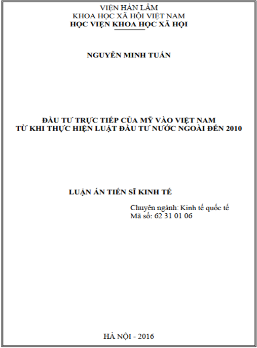 Luận án Đầu tư trực tiếp của Mỹ vào Việt Nam từ khi thực hiện luật đầu tư nước ngoài đến năm 2020