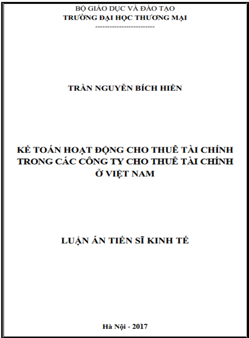 Luận án Kế toán hoạt động cho thuê tài chính trong các công ty cho thuê tài chính ở Việt Nam