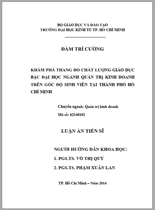 Luận án Khám phá thang đo chất lượng giáo dục bậc đại học ngành quản trị kinh doanh trên góc độ sinh viên tại thành phố Hồ Chí Minh