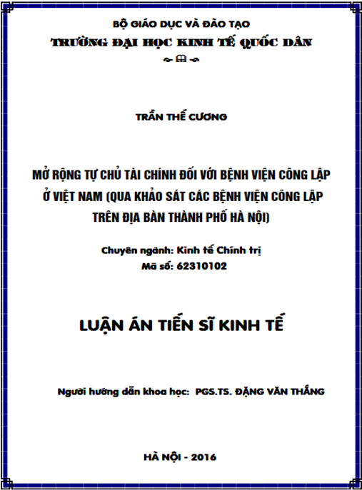 Luận án Mở rộng tự chủ tài chính đối với BVCL ở Việt Nam (Qua khảo sát các BVCL trên địa bàn thành phố Hà Nội