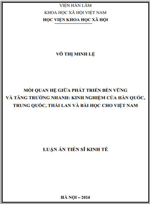 Luận án Mối quan hệ giữa phát triển bền vững và tăng trưởng nhanh – Kinh nghiệm của Hàn Quốc – Trung Quốc – Thái Lan và bài học cho Việt Nam