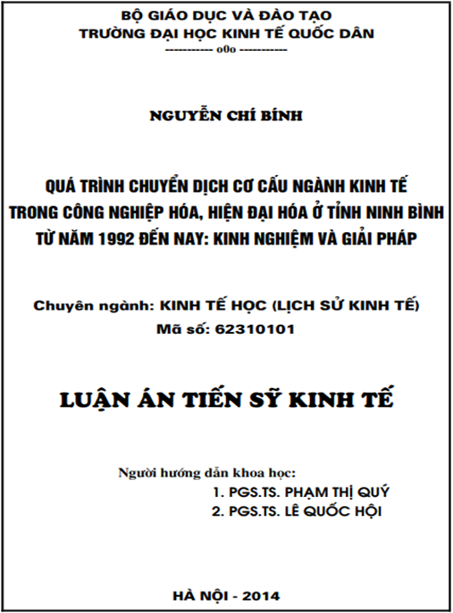 Luận án Quá trình chuyển dịch cơ cấu ngành kinh tế trong công nghiệp hóa – hiện đại hóa ở tỉnh Ninh Bình từ năm 1992 đến nay – Kinh nghiệm và Giải pháp