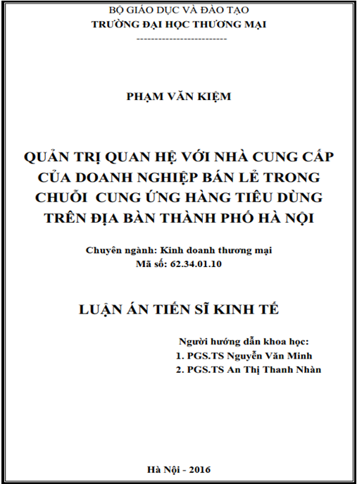 Luận án Quản trị quan hệ với nhà cung cấp của doanh nghiệp bán lẻ trong chuỗi cung ứng hàng tiêu dùng trên địa bàn thành phố Hà Nội