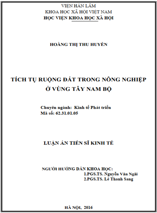 Luận án Tích tụ ruộng đất trong nông nghiệp ở vùng Tây Nam Bộ