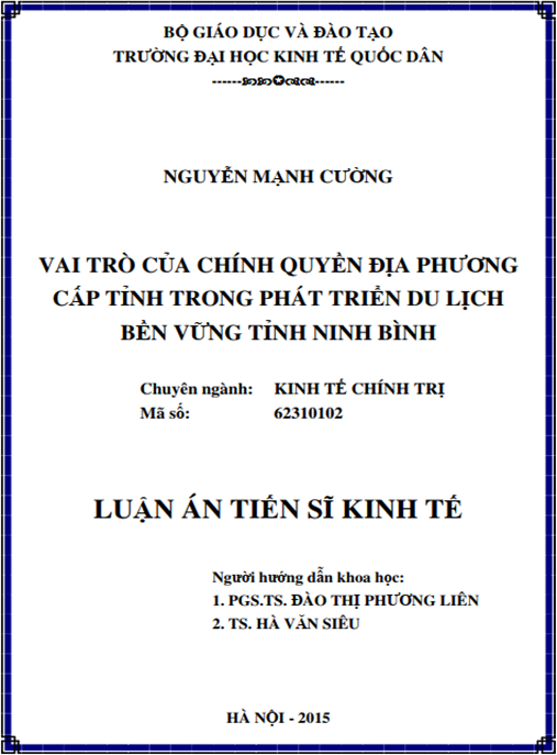 Luận án Vai trò của chính quyền địa phương cấp tỉnh trong phát triển du lịch bền vững tỉnh Ninh Bình