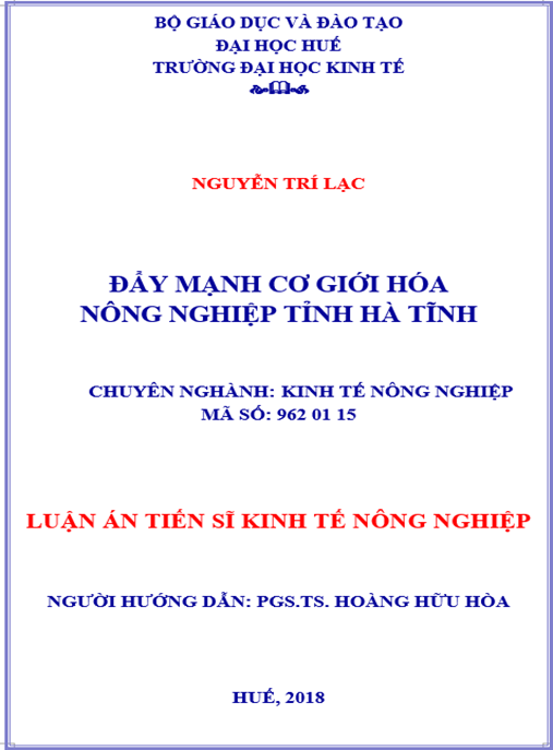 Luận án tiến sĩ Đẩy mạnh cơ giới hóa nông nghiệp tỉnh Hà Tĩnh