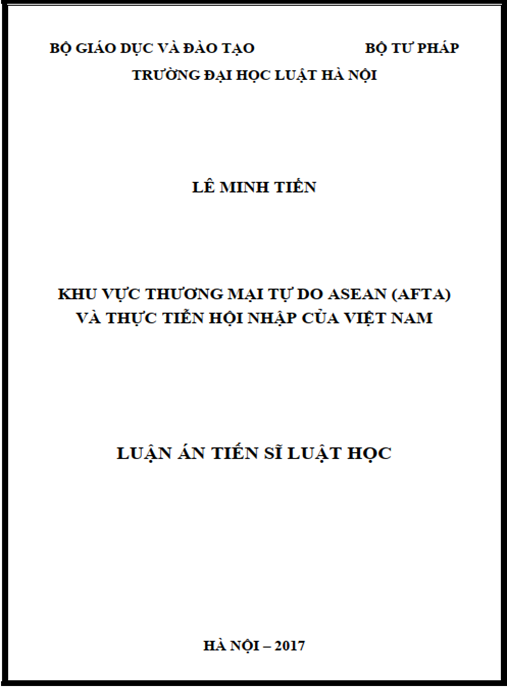 Luận án tiến sĩ Khu vực thương mại tự do asean (afta) và thực tiễn hội nhập của Việt Nam