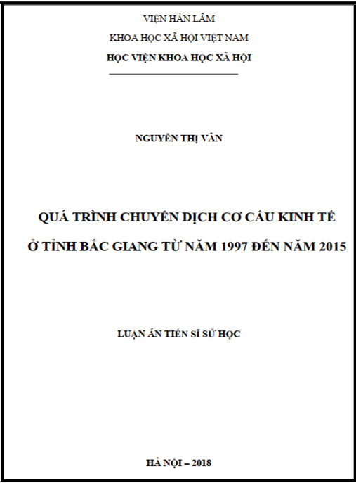 Luận án tiến sĩ Quá trình chuyển dịch CCKT ở tỉnh Bắc Giang từ năm 1997 đến năm 2015