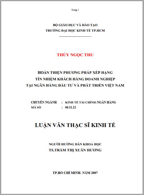 Luận văn thạc sĩ kinh tế – Hoàn thiện phương pháp xếp hạng tín nhiệm khách hàng doanh nghiệp tại ngân hàng Đầu tư và Phát triển Việt Nam