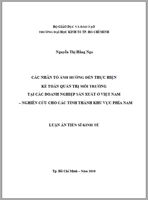 Luận án tiến sĩ Các nhân tố ảnh hưởng đến thực hiện kế toán quản trị môi trường tại các doanh nghiệp sản xuất ở Việt Nam – nghiên cứu cho các tỉnh thành khu vực phía Nam