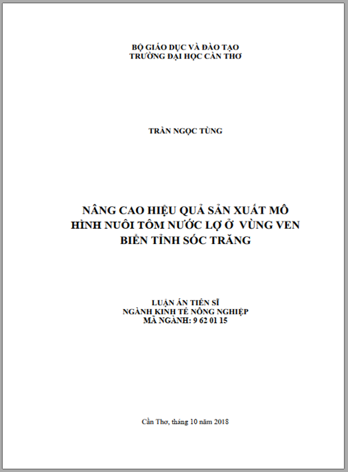 Luận án tiến sĩ Nâng cao hiệu quả sản xuất mô hình nuôi tôm nước lợ ở vùng ven biển tỉnh Sóc Trăng.