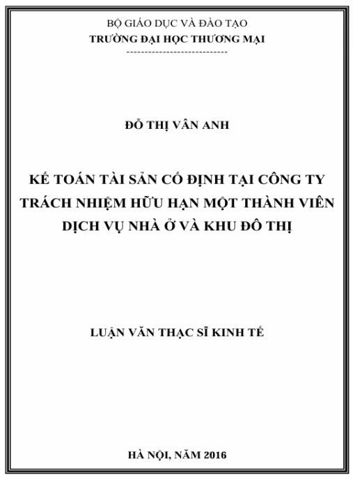 Luận văn Thạc sĩ Kinh tế: Kế toán tài sản cố định tại tại Công ty trách nhiệm hữu hạn một thành viên dịch vụ nhà ở và khu đô thị