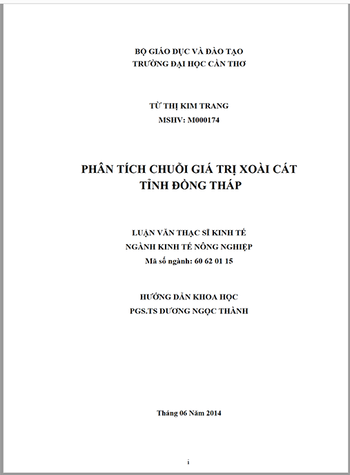 Luận văn Thạc sĩ Kinh tế – Phân tích chuỗi giá trị xoài cát tỉnh Đồng Tháp