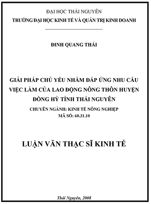 Luận văn thạc sĩ Kinh tế – Giải pháp chủ yếu nhằm đáp ứng nhu cầu việc làm của lao động nông thôn huyện Đồng Hỷ tỉnh Thái Nguyên