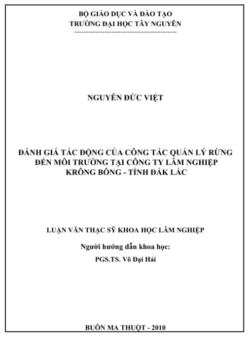 Luận văn thạc sĩ Lâm nghiệp: Đánh giá tác động của công tác quản lý rừng tới môi trường tại Công ty lâm nghiệp Krông Bông tỉnh Đắk Lắk