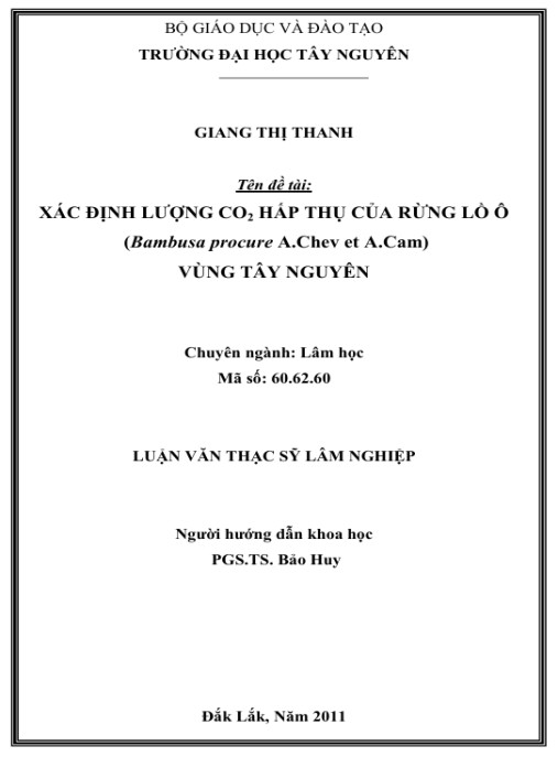Luận văn thạc sĩ Nông nghiệp: Xác định lượng co2 hấp thụ của rừng lồ ô (Bambusa procure A.Chev et A.Cam) vùng Tây Nguyên