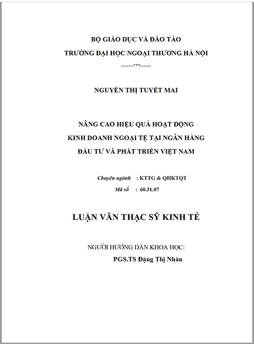 Luận văn thạc sĩ Quản trị kinh doanh – Nâng cao hiệu quả hoạt động kinh doanh ngoại tệ tại ngân hàng đầu tư và phát triển tại Việt Nam