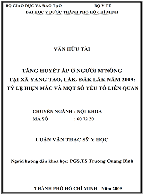 Luận văn thạc sĩ Y học – Tăng huyết áp ở người M’Nông tại xã Yang Tao huyện Lăk tỉnh Đăk Lăk năm 2009 tỷ lệ hiện mắc và một số yếu tố liên quan